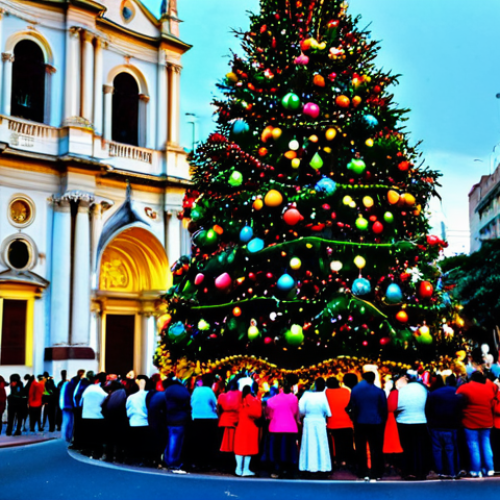 Home 11 **
"A vibrant street scene in Buenos Aires during Christmas. Families are gathered, fully clothed in appropriate attire, decorating a Christmas tree with colorful ornaments. In the background, a beautifully lit Catholic church can be seen. The atmosphere is festive and joyful. safe for work, appropriate content, family-friendly, perfect anatomy, natural proportions, professional photography, high quality, modest clothing."
**