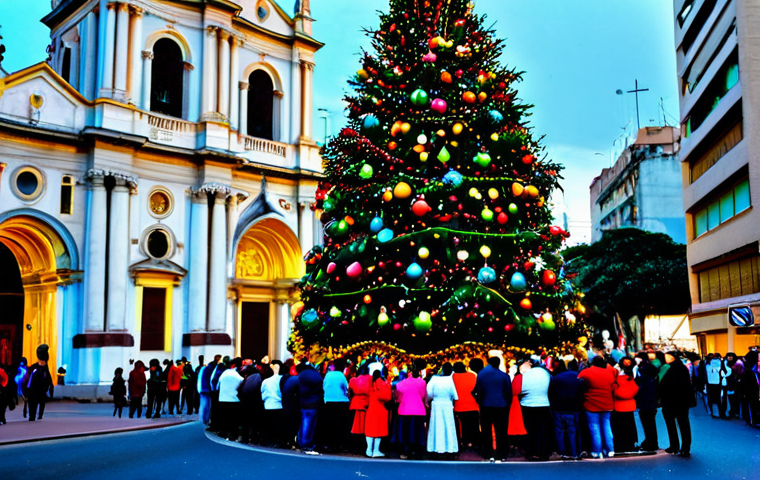 **

"A vibrant street scene in Buenos Aires during Christmas. Families are gathered, fully clothed in appropriate attire, decorating a Christmas tree with colorful ornaments. In the background, a beautifully lit Catholic church can be seen. The atmosphere is festive and joyful. safe for work, appropriate content, family-friendly, perfect anatomy, natural proportions, professional photography, high quality, modest clothing."

**