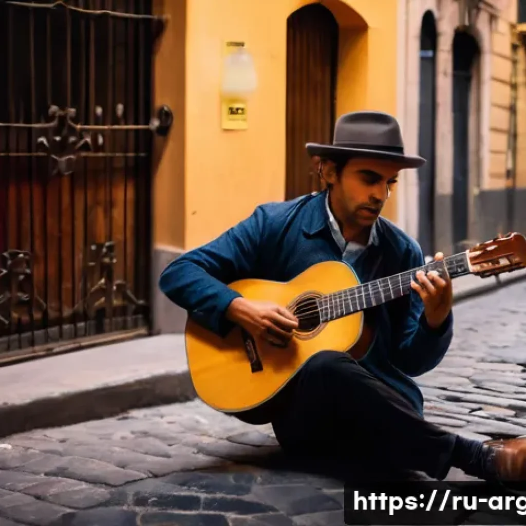 아르헨티나 전통 악기와 음악 - A detailed and atmospheric scene of a skilled Argentine guitarist playing a classic wooden guitar wi...