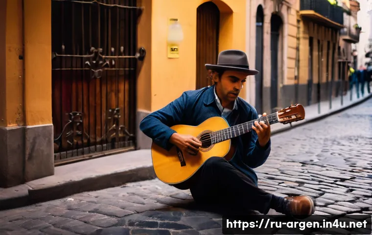 아르헨티나 전통 악기와 음악 - A detailed and atmospheric scene of a skilled Argentine guitarist playing a classic wooden guitar wi...