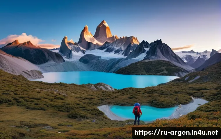 아르헨티나 등산 명소 및 추천 코스 - A panoramic view of Patagonia’s Fitz Roy Lake trail at dawn, showcasing sharp glacier-covered peaks ...