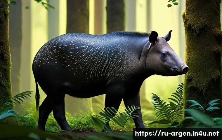 아르헨티나에서 볼 수 있는 특이한 동물 - A detailed, realistic depiction of a South American tapir standing quietly in a dense, lush Argentin...
