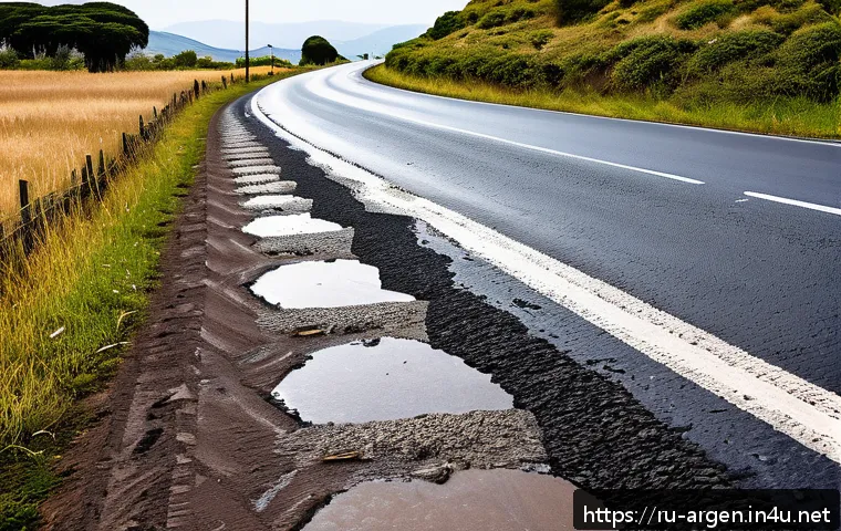 아르헨티나에서 운전할 때 주의할 점 - A detailed roadside scene in Argentina showing a contrast between urban and rural road conditions: a...