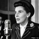 Home 19 후안 페론과 에비타 페론 이야기 - A charismatic female political leader from mid-20th century Argentina, dressed in elegant 1940s form...