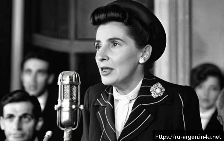 후안 페론과 에비타 페론 이야기 - A charismatic female political leader from mid-20th century Argentina, dressed in elegant 1940s form...