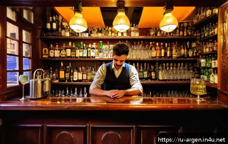아르헨티나에서 유명한 바   칵테일 - A cozy vintage bar interior in the San Telmo neighborhood of Buenos Aires at night, featuring warm w...