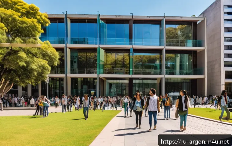 아르헨티나 대학교 순위 및 입학 정보 - A vibrant university campus scene in Buenos Aires featuring diverse international students walking b...