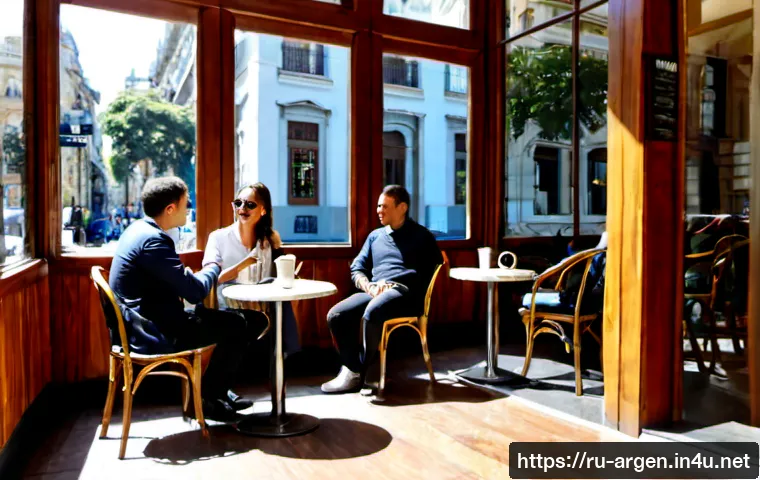부에노스아이레스 카페 문화 - Photorealistic Buenos Aires neighborhood café culture, elegant historic corner café with large windo...