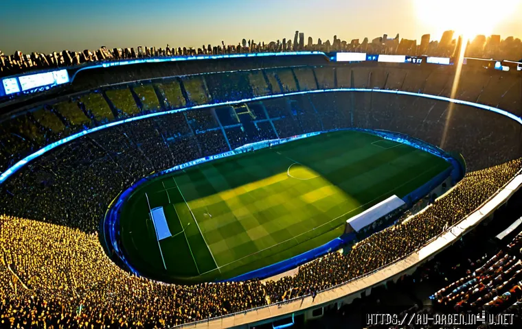 Home 17 보카 주니어스 vs 리버 플레이트 슈퍼클래시코 - Photorealistic aerial view of a packed Buenos Aires football stadium during a fierce derby, one side...