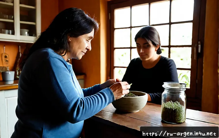 Home 17 아르헨티나 전통 의학과 현대 의료 시스템 - Photorealistic Argentine herbal medicine consultation in a warm Buenos Aires home kitchen, a middle-...